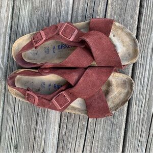 Birkenstock plum Sandals,Crisscross Straps and Cork Footbed 38 EU=7.5 US